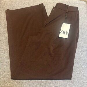 Zara Wide Leg Pleated Belted Pants, Brown, X Small